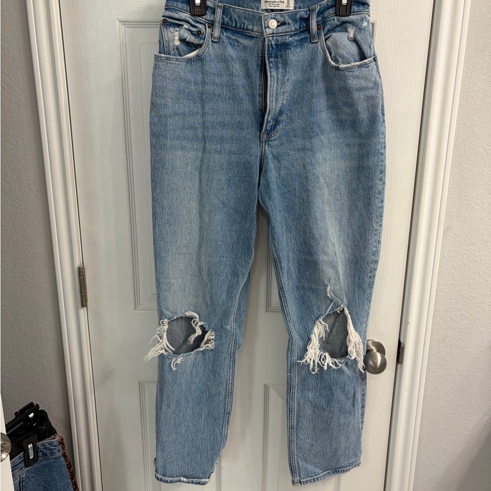 Abercrombie & Fitch Medium Blue 90s Ripped Straight Leg Jeans Ultra High Rise
